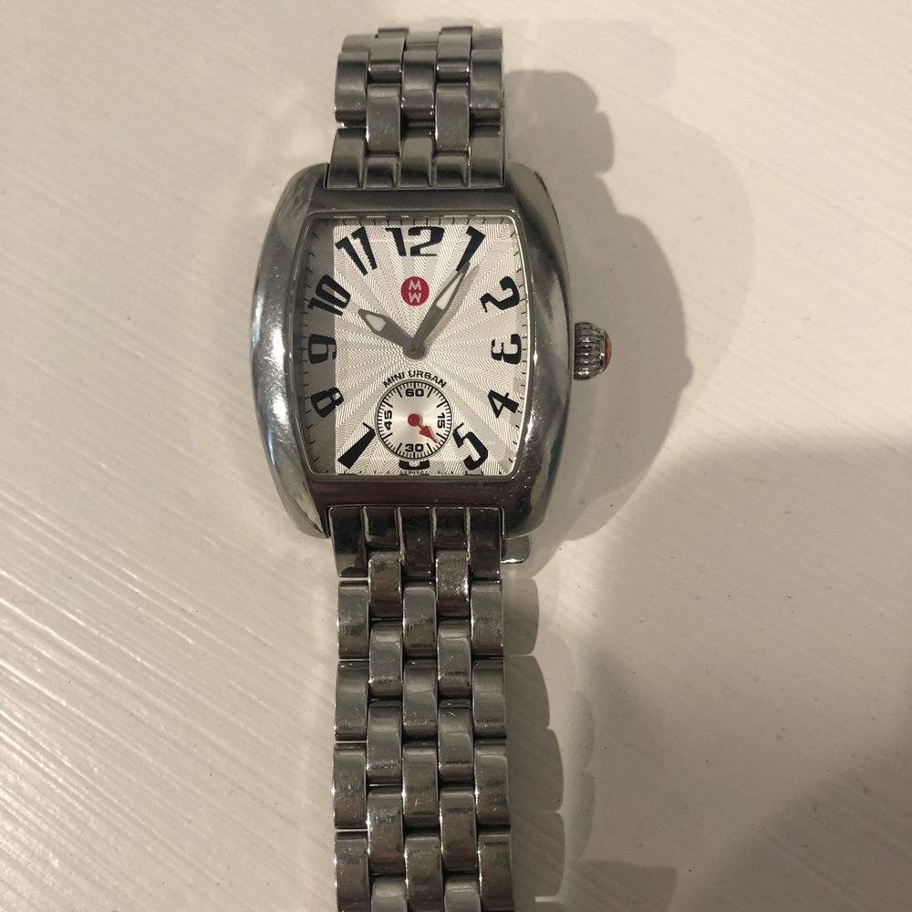 Michele Silver Bracelet Watch with White Dial and Red Accent